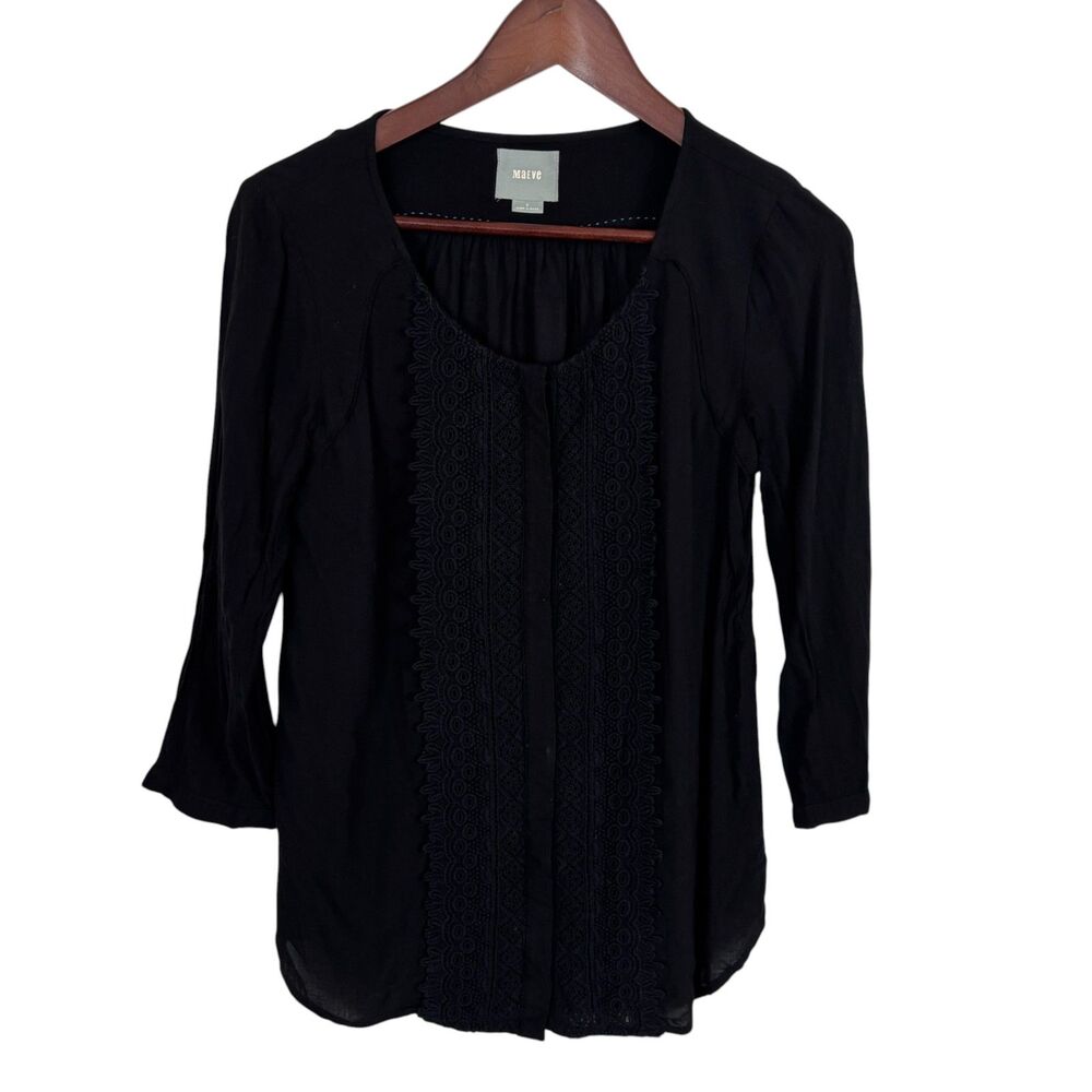 Anthropologie Maeve Black Button Front Crochet Blouse Top 3/4 Sleeves Women's 2